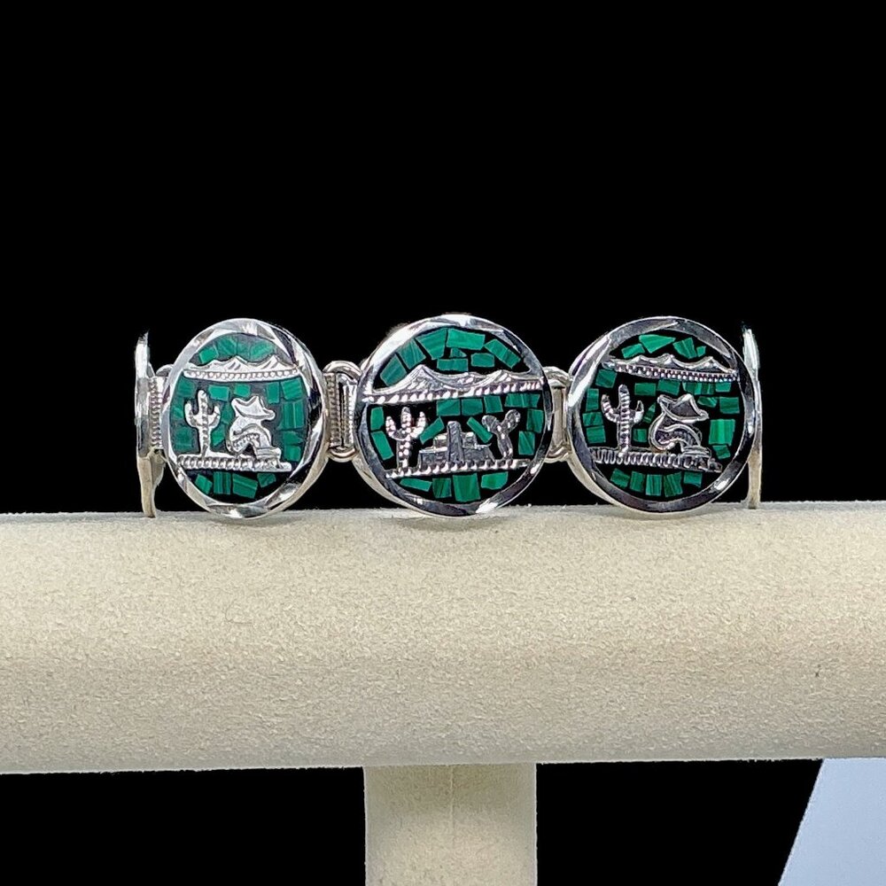 Sterling Silver Crushed Malachite Round Disc Bracelet Taxco Mexico 50.6 Grams 7” - Picture 3 of 12